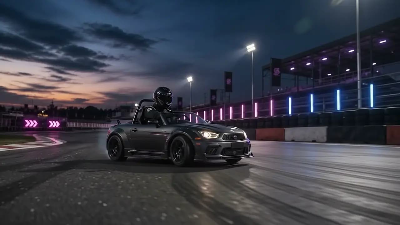 A SlideCity kart on the night track, driver ready to race