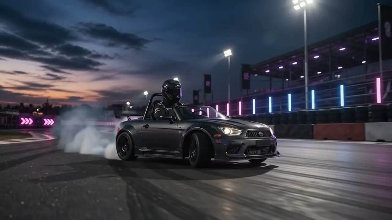 A SlideCity kart mid-drift with tyre smoke on the night track